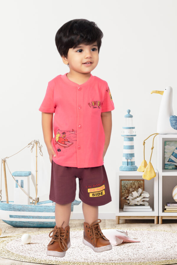 Coral Pink & Maroon "Friends Club" Summer Co-Ord Set for Boys